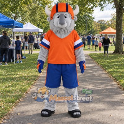 Gray Bull Mascot Costume with Orange Shirt, Blue Shorts and Orange Helmet