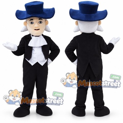 White Haired Gentleman Mascot Costume with Black Suit and Navy Top Hat