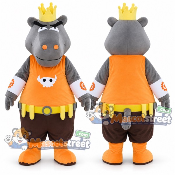 Gray Hippopotamus King Mascot Costume with Orange Shirt, Black Shorts and Crown