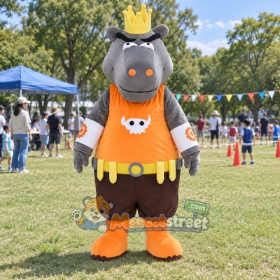 Gray Hippopotamus King Mascot Costume with Orange Shirt, Black Shorts and Crown Gray Hippopotamus King Mascot Costume with Orange Shirt, Black Shorts and Crown