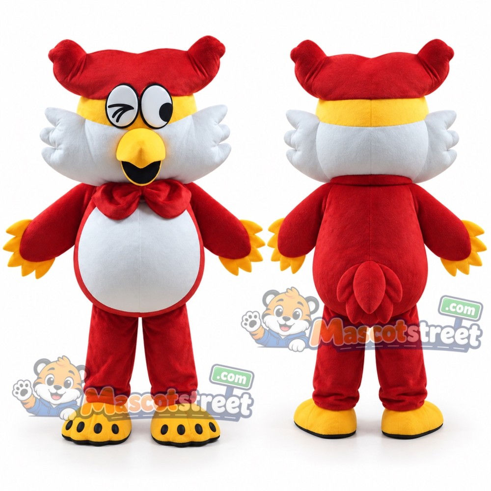 Red Owl Mascot Costume with Red Cap and Bow Tie Red Owl Mascot Costume with Red Cap and Bow Tie