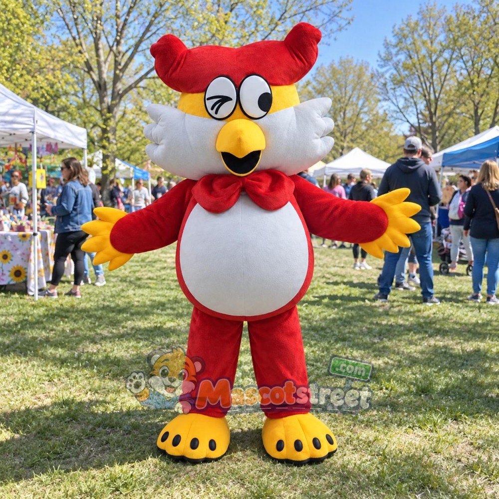 Red Owl Mascot Costume with Red Cap and Bow Tie Red Owl Mascot Costume with Red Cap and Bow Tie