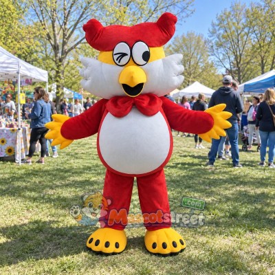 Red Owl Mascot Costume with Red Cap and Bow Tie Red Owl Mascot Costume with Red Cap and Bow Tie