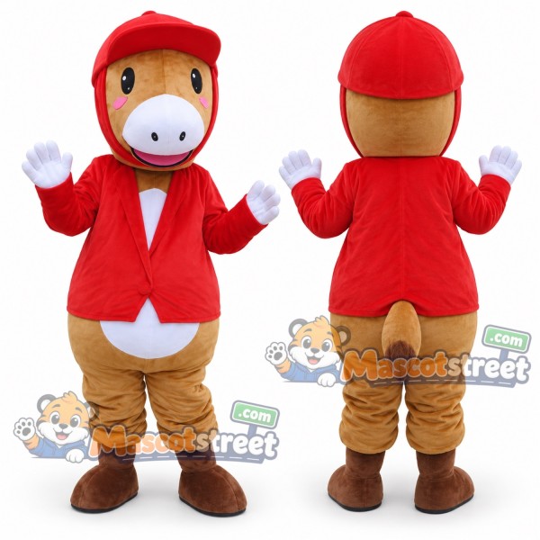 Brown Horse Mascot Costume with Red Jacket and Red Cap