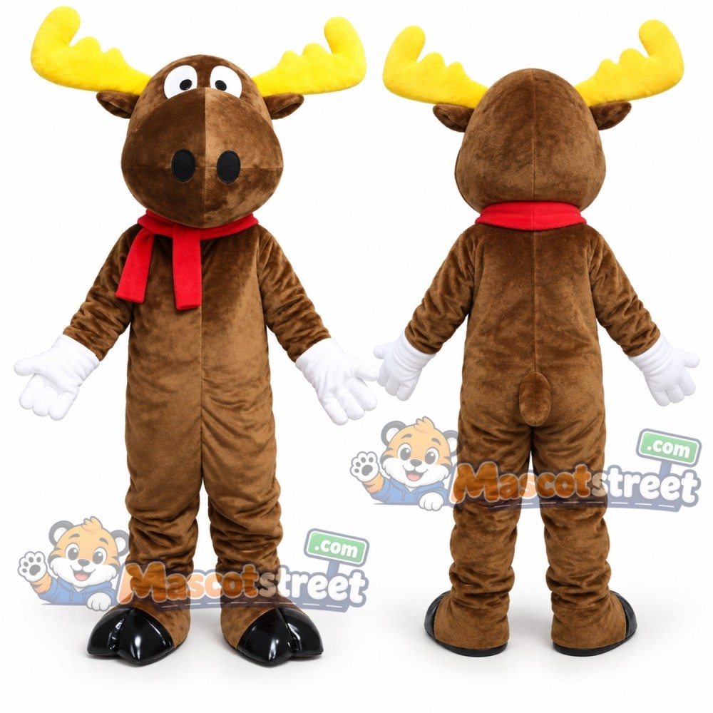 Brown Moose Mascot Costume with Red Scarf Brown Moose Mascot Costume with Red Scarf