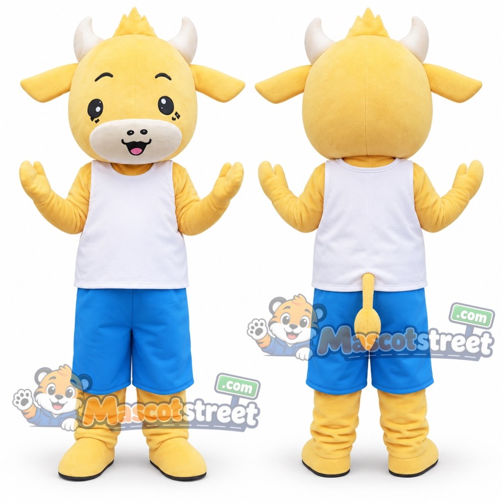 Yellow Calf Mascot Costume with White Shirt and Blue Shorts