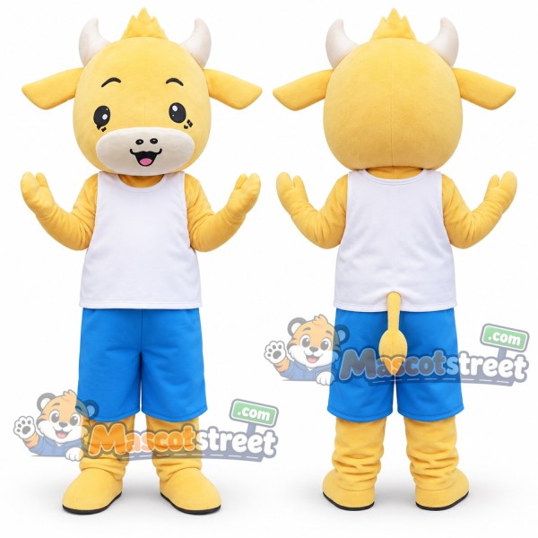 Yellow Calf Mascot Costume with White Shirt and Blue Shorts