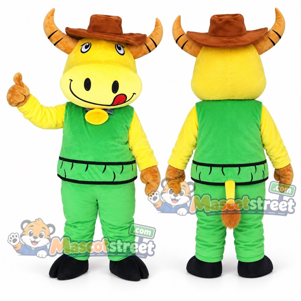 Yellow Cow Mascot Costume with Green Overalls and Brown Hat