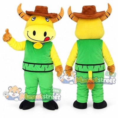 Yellow Cow Mascot Costume with Green Overalls and Brown Hat