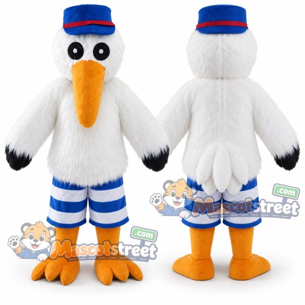White Stork Mascot Costume with Blue Striped Shorts and Blue Hat