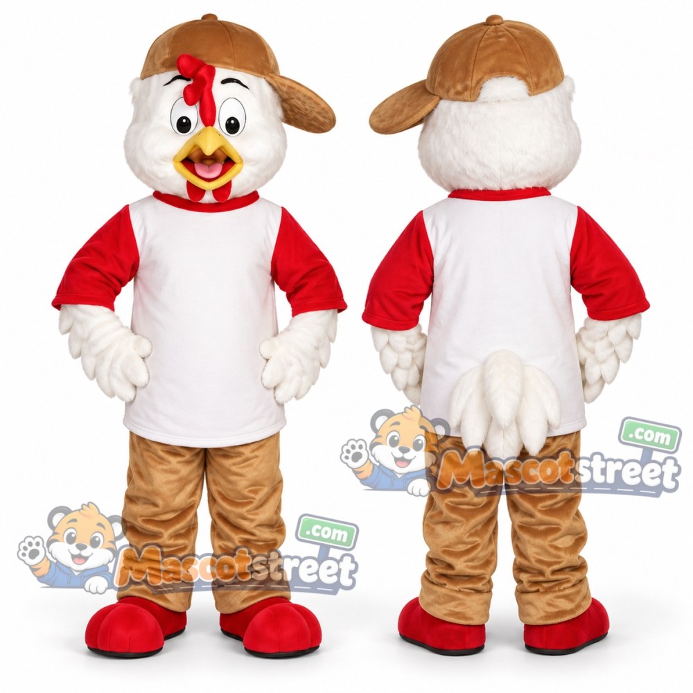 White Chicken Mascot Costume with Red Sleeves and Brown Cowboy Hat