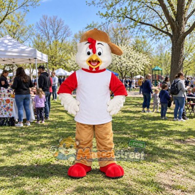 White Chicken Mascot Costume with Red Sleeves and Brown Cowboy Hat White Chicken Mascot Costume with Red Sleeves and Brown Cowboy Hat