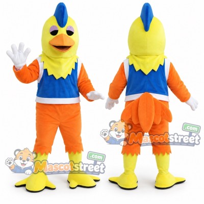 Yellow Chicken Mascot Costume with Blue Vest and Orange Pants Yellow Chicken Mascot Costume with Blue Vest and Orange Pants