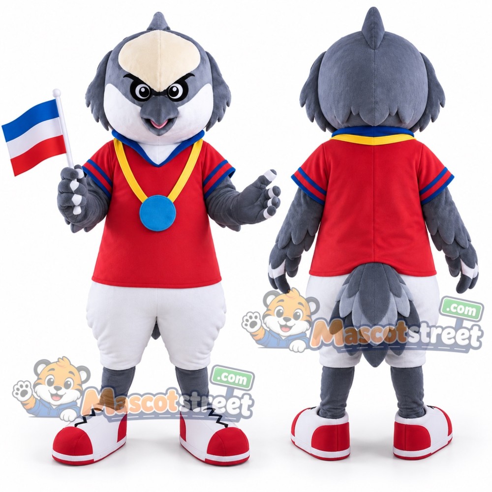 Gray Eagle Mascot Costume with Red Shirt, White Shorts and Medal Gray Eagle Mascot Costume with Red Shirt, White Shorts and Medal