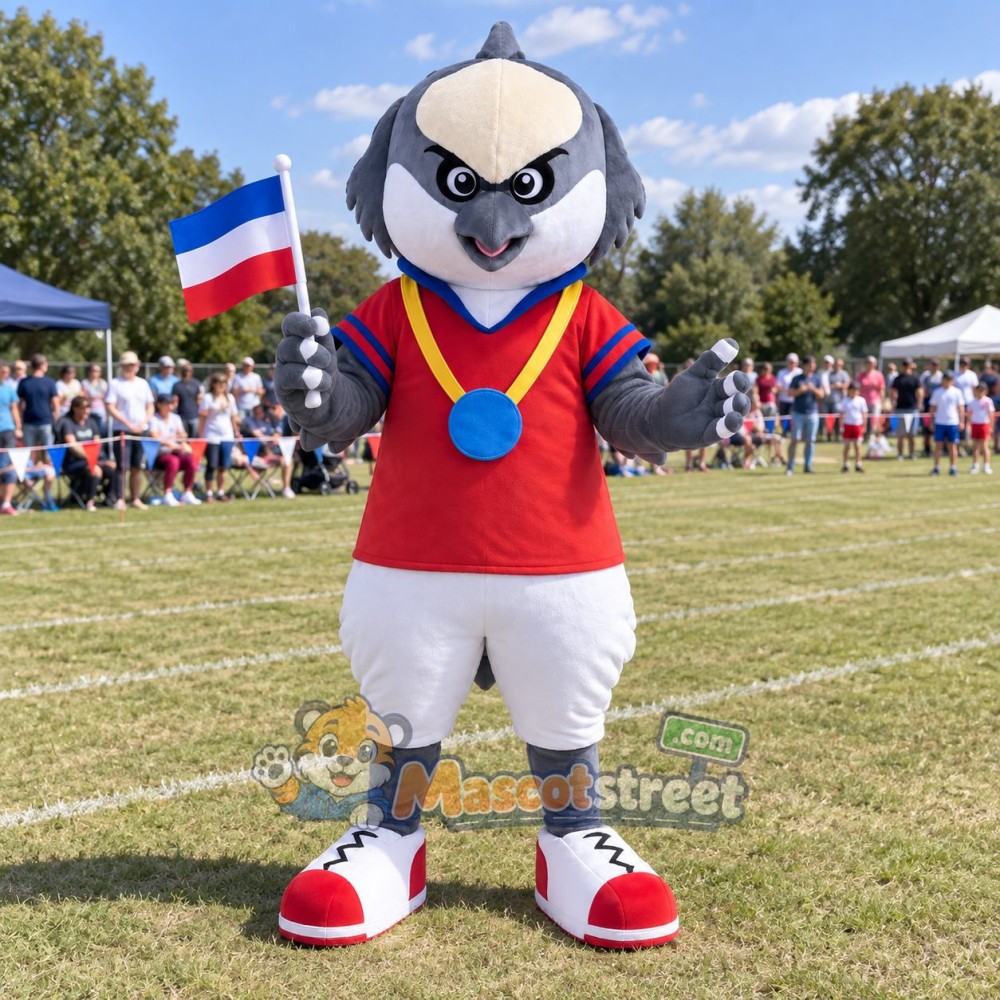 Gray Eagle Mascot Costume with Red Shirt, White Shorts and Medal Gray Eagle Mascot Costume with Red Shirt, White Shorts and Medal