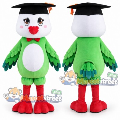 Green and White Bird Graduate Mascot Costume with Graduation Cap Green and White Bird Graduate Mascot Costume with Graduation Cap