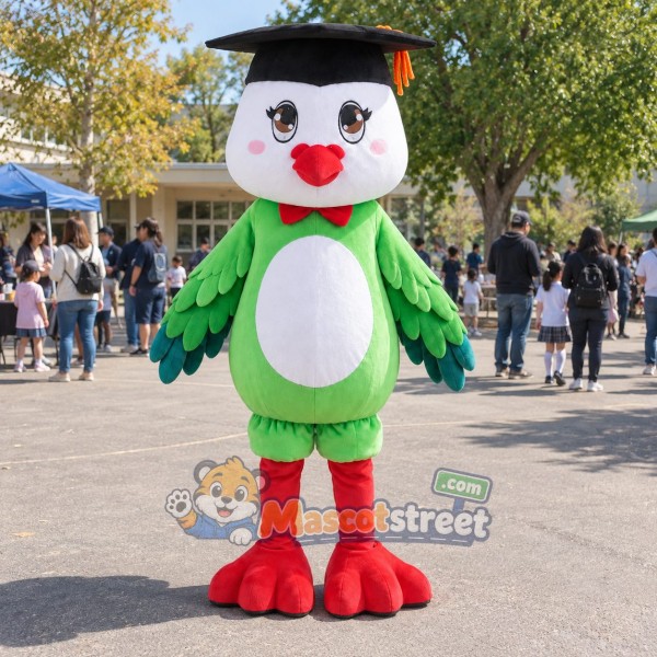 Green and White Bird Graduate Mascot Costume with Graduation Cap