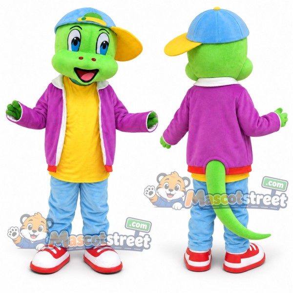 Green Snake Mascot Costume with Purple Jacket, Yellow Shirt, Blue Pants and Blue Cap