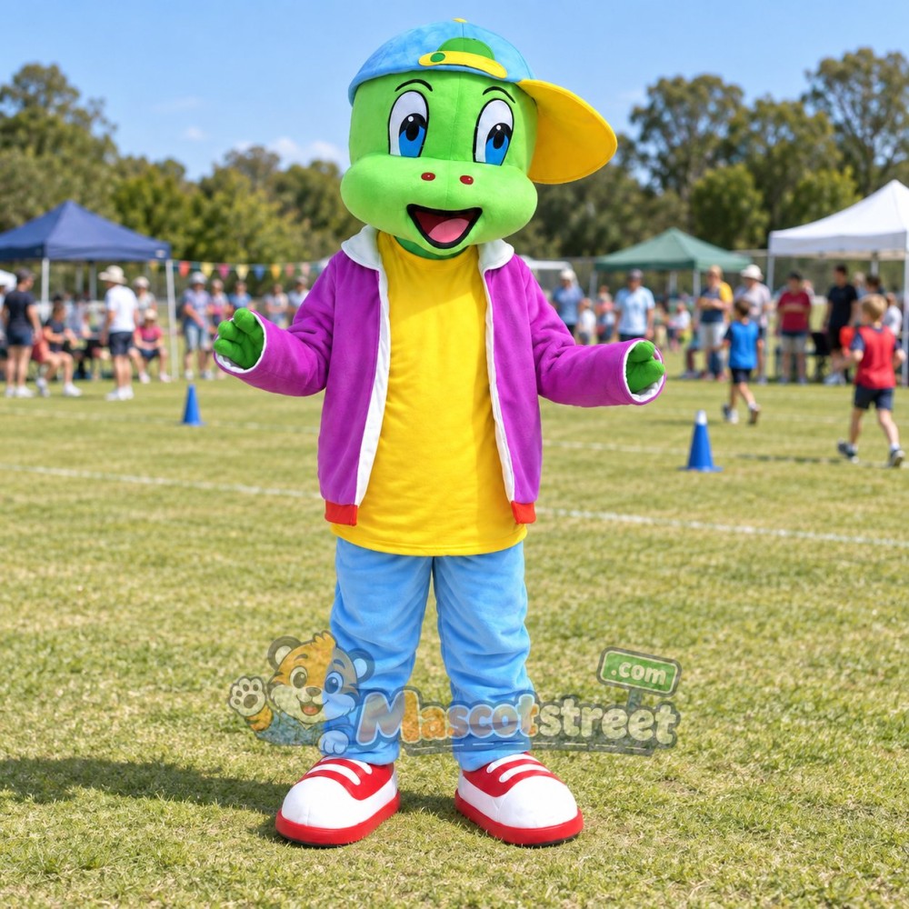 Green Snake Mascot Costume with Purple Jacket, Yellow Shirt, Blue Pants and Blue Cap