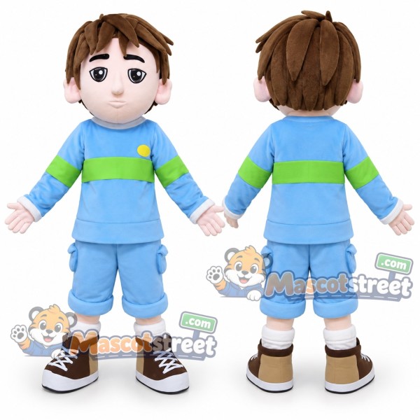 Brown Haired Boy Mascot Costume with Blue Outfit with Green Stripe