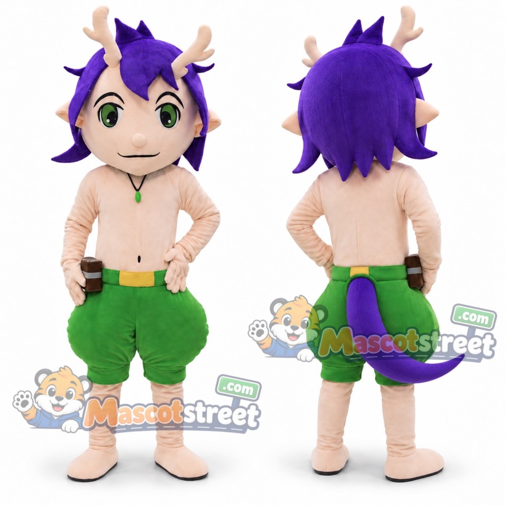 Purple Haired Dragon Boy Mascot Costume with Green Shorts