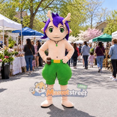 Purple Haired Dragon Boy Mascot Costume with Green Shorts