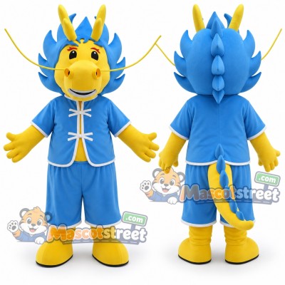 Blue and Yellow Dragon Mascot Costume with Blue Traditional Jacket and Shorts
