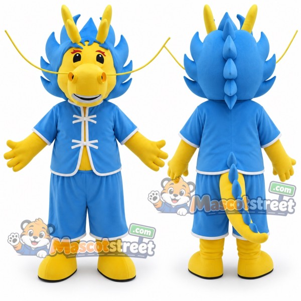 Blue and Yellow Dragon Mascot Costume with Blue Traditional Jacket and Shorts