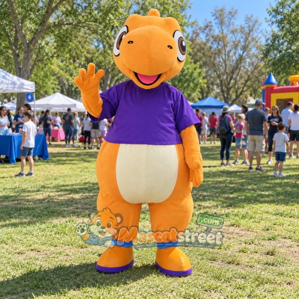 Orange Dinosaur Mascot Costume with Purple Shirt
