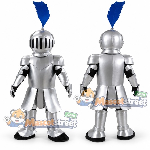 Silver Knight Mascot Costume with Armor and Blue Plumed Helmet