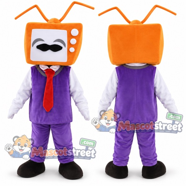 Orange Television Robot Mascot Costume with Purple Suit and Red Tie