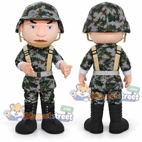 Soldier Mascot Costume with Camouflage Uniform and Helmet