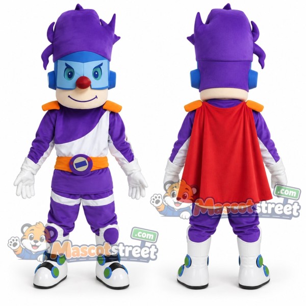 Purple Superhero Mascot Costume with Purple Suit and Red Cape