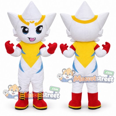 White Superhero Mascot Costume with White Suit with Red and Yellow Details