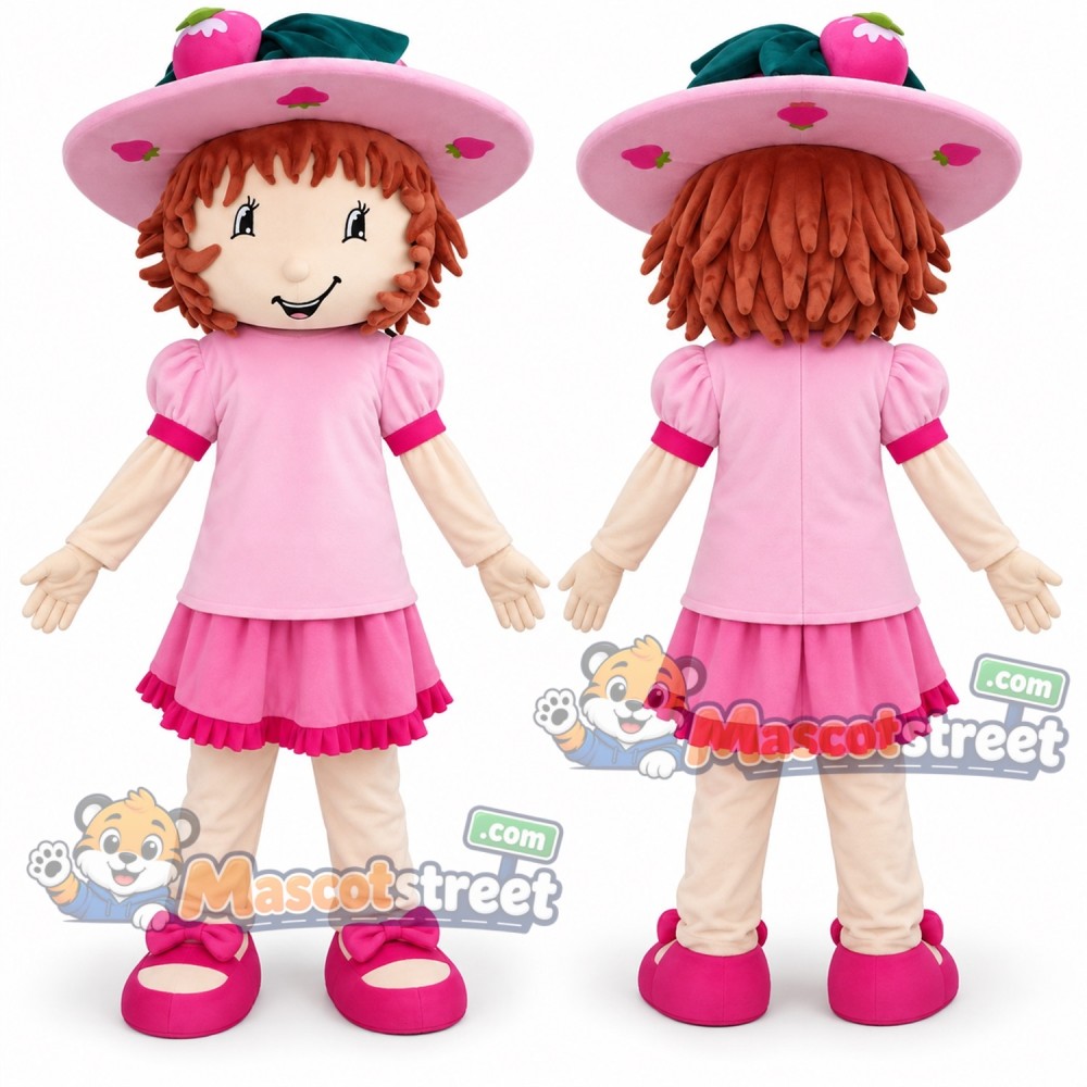 Strawberry Girl Mascot Costume with Pink Dress and Strawberry Hat