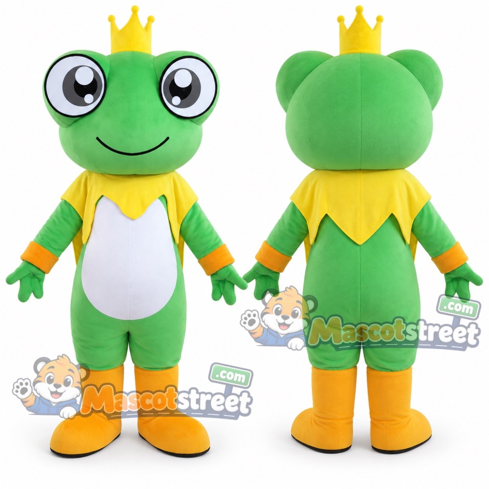Green Frog Prince Mascot Costume with Yellow Collar and Crown Green Frog Prince Mascot Costume with Yellow Collar and Crown