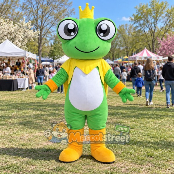Green Frog Prince Mascot Costume with Yellow Collar and Crown Green Frog Prince Mascot Costume with Yellow Collar and Crown