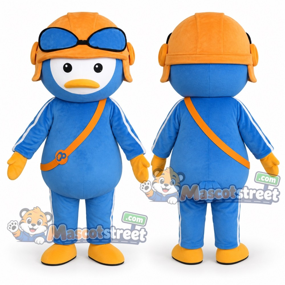 Blue Penguin Pilot Mascot Costume with Orange Helmet and Goggles