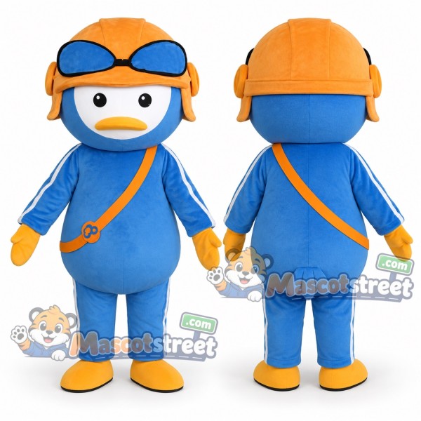 Blue Penguin Pilot Mascot Costume with Orange Helmet and Goggles