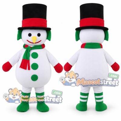Snowman Mascot Costume with Black Top Hat and Green Striped Scarf