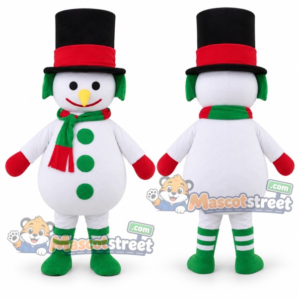 Snowman Mascot Costume with Black Top Hat and Green Striped Scarf