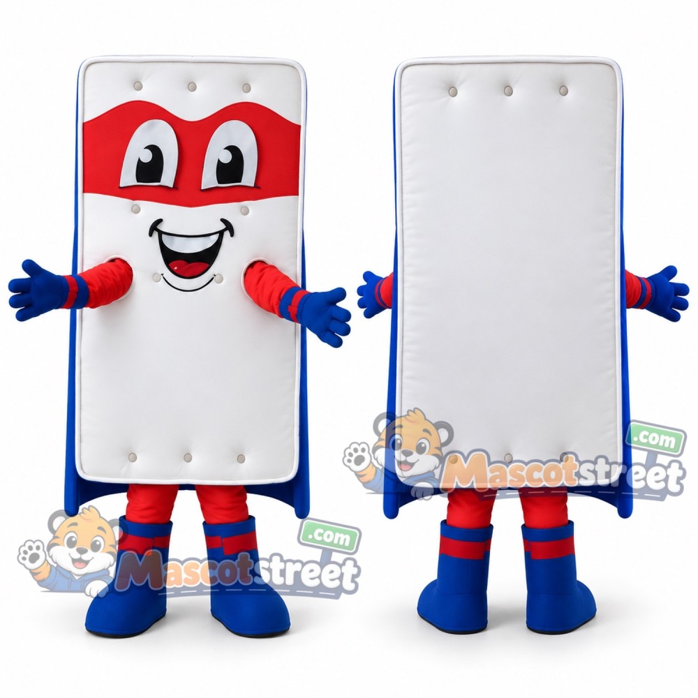 White Mattress Superhero Mascot Costume with Blue Cape and Red Eye Mask White Mattress Superhero Mascot Costume with Blue Cape and Red Eye Mask