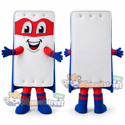 White Mattress Superhero Mascot Costume with Blue Cape and Red Eye Mask White Mattress Superhero Mascot Costume with Blue Cape and Red Eye Mask