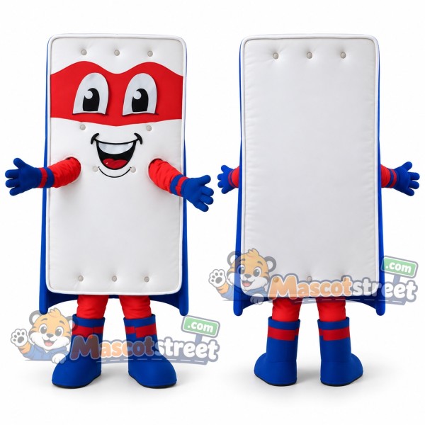 White Mattress Superhero Mascot Costume with Blue Cape and Red Eye Mask