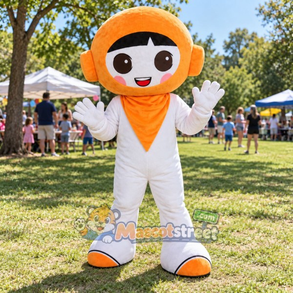 Orange Helmet Character Mascot Costume with White Suit Orange Helmet Character Mascot Costume with White Suit