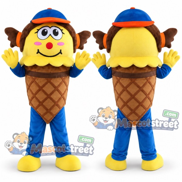 Ice Cream Cone Mascot Costume with Blue Cap and Blue Pants
