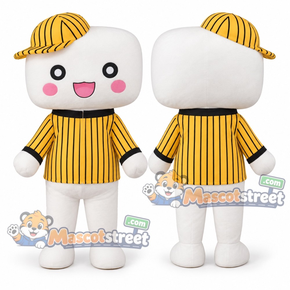 White Cake Character Mascot Costume with Yellow Striped Shirt and Cap