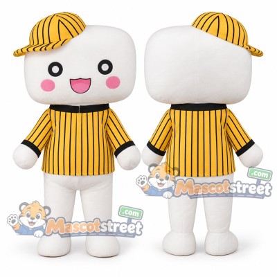 White Cake Character Mascot Costume with Yellow Striped Shirt and Cap
