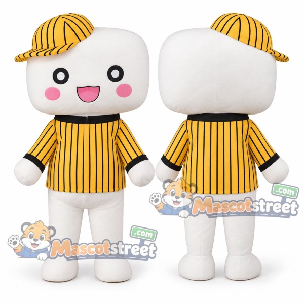 White Cake Character Mascot Costume with Yellow Striped Shirt and Cap