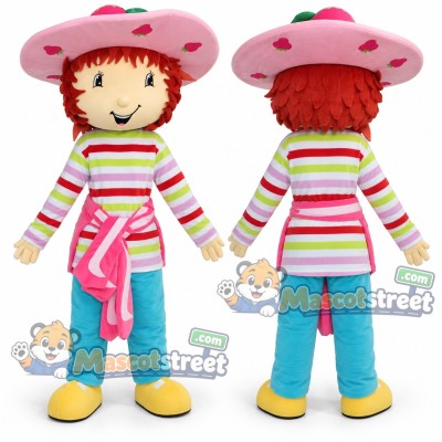 Strawberry Girl Mascot Costume with Striped Shirt, Blue Pants and Strawberry Hat
